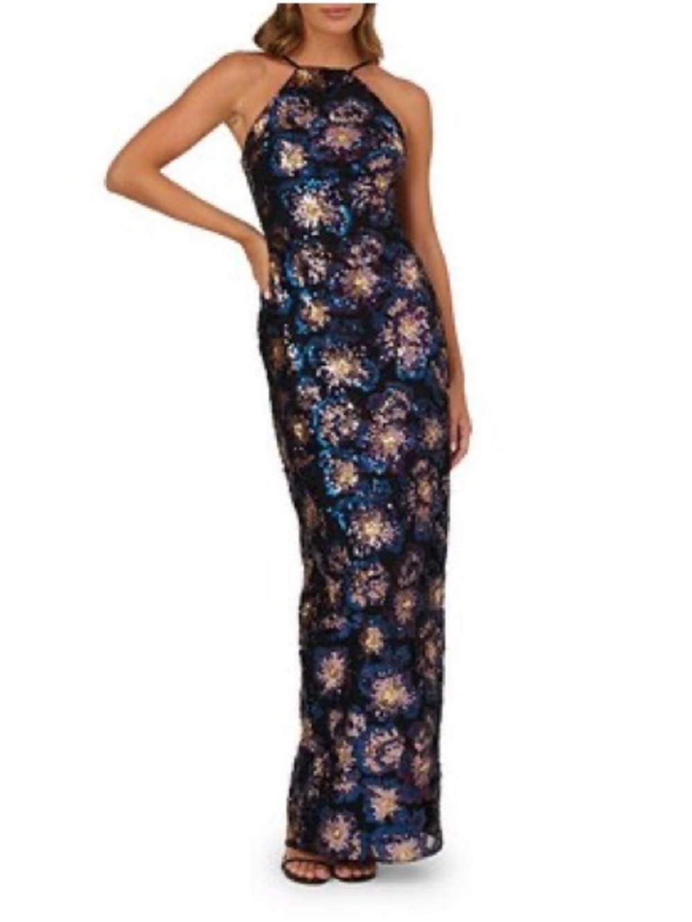 Adrianna Papellâ Halter Neck Abstract Floral Sequin Gown Size 8 Black Purple